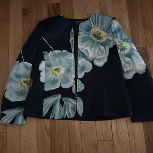 Linda Allard Ellen Tracy Blue Floral Print Zip Front Jacket Size 16 Cotton Silk